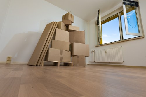 Moving day preparation with labelled boxes and organised rooms