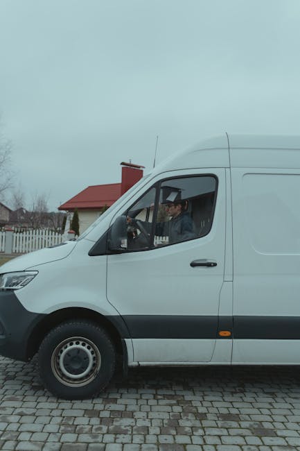 A man with a beard, wearing a white polo shirt and a black cap, stands inside the open rear of a moving van, holding a cardboard box in front of him. The van's interior is filled with various-sized ca