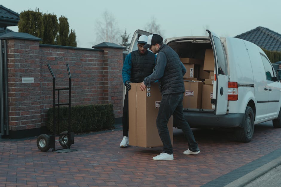 Two men are engaged in loading a large cardboard box into the back of a white moving van parked on a brick driveway next to a residential brick wall with bushes and trees in the background. One man is wearing a black quilted vest, blue long-sleeved shirt, and white sneakers, while the other is dressed in a black cap, dark vest, gray hoodie, and black pants. The men are lifting and positioning the box carefully, with a small hand truck placed nearby on the driveway. The van’s rear doors are open, revealing more packed cardboard boxes and packing materials inside, indicating a home relocation process. The scene is set in natural daylight with a suburban environment, supporting the logistics of furniture transport and packing and moving services offered by Man with Van Lower Morden.